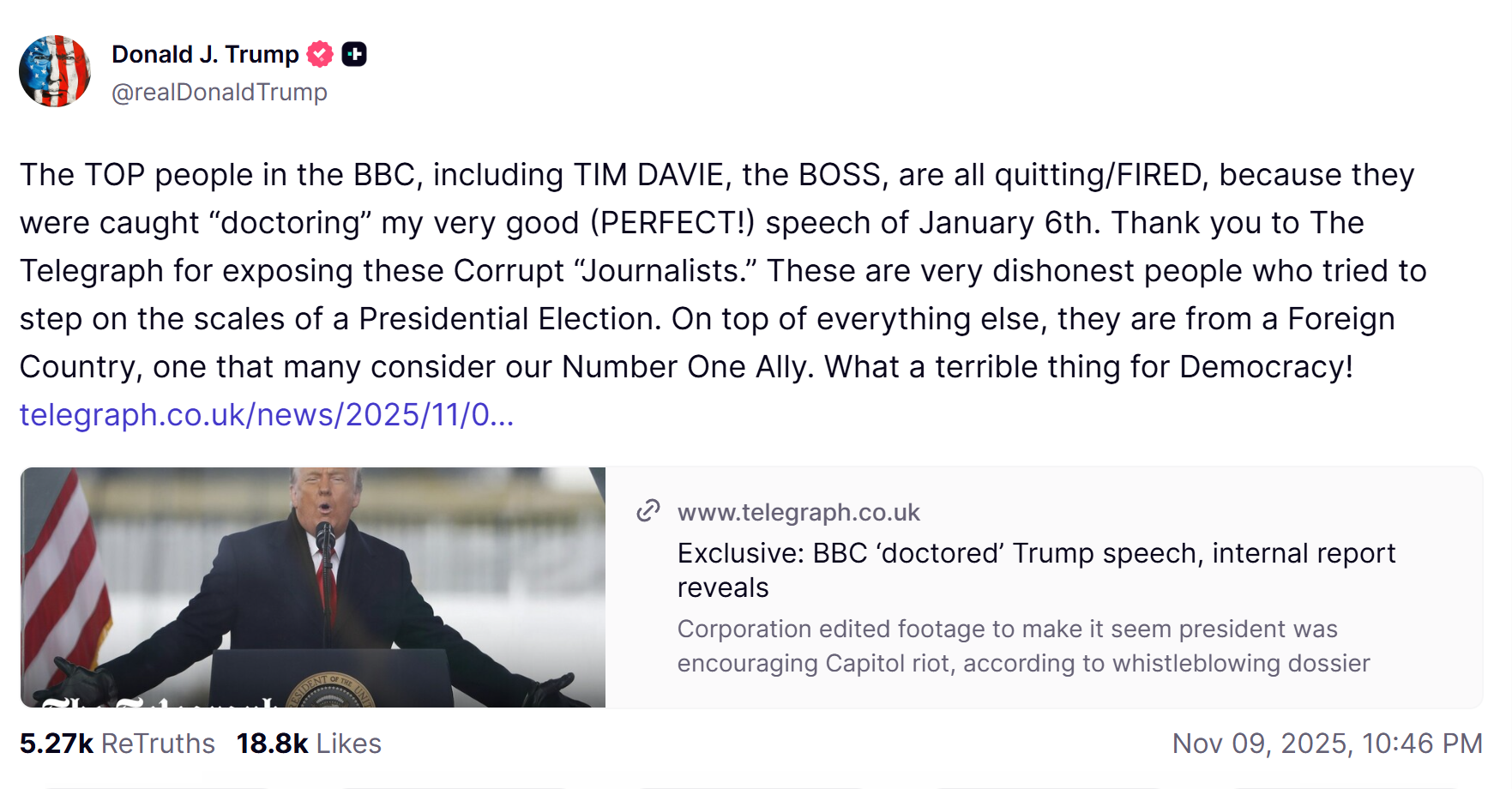 Трамп угрожает BBC иском на $1 млрд