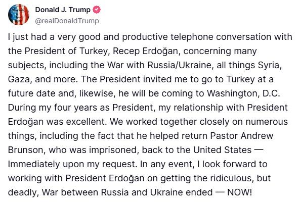 Трамп заявив, що з нетерпінням чекає на співпрацю з Ердоганом для завершення війни в Україні