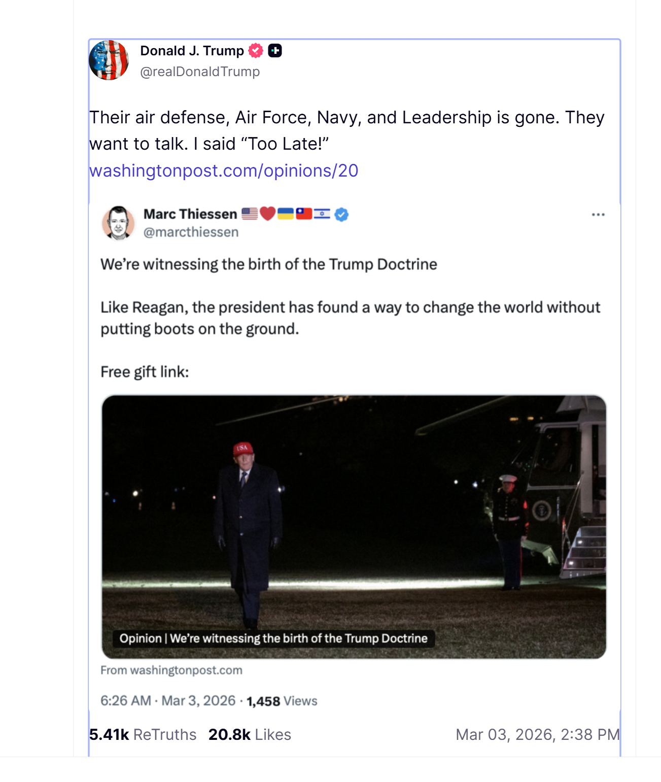 Трамп заявил, что Иран хочет ''разговаривать'', однако ''слишком поздно''