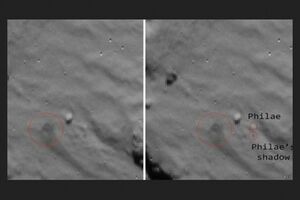 Слева видно облако пыли, поднявшееся во время приземления модуля. Справа --- модуль "Филы" и его тень