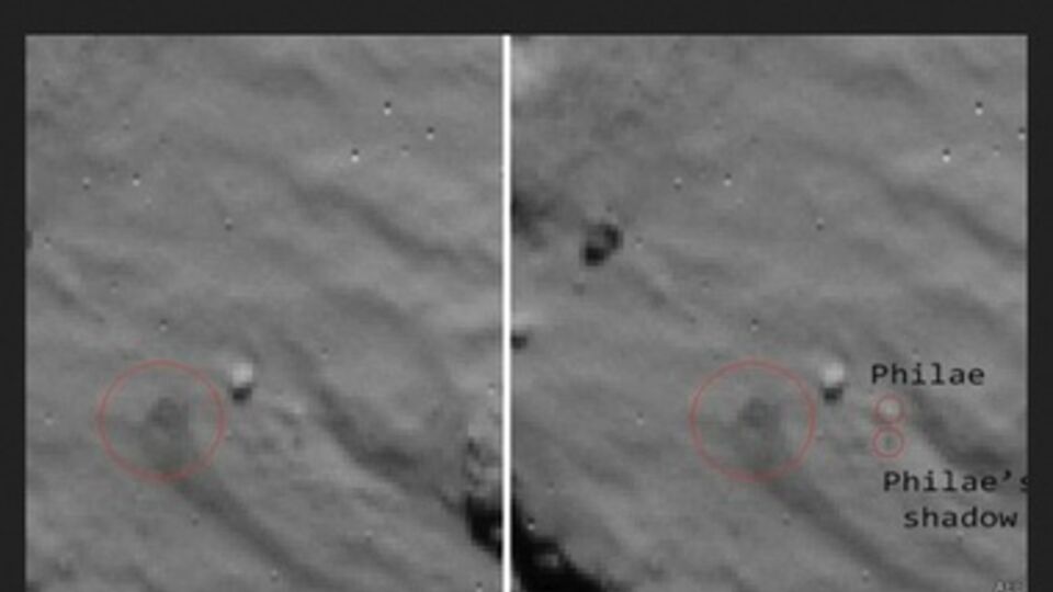 Слева видно облако пыли, поднявшееся во время приземления модуля. Справа --- модуль "Филы" и его тень