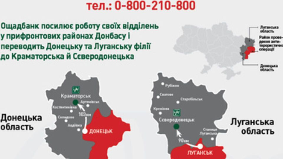 Донецкий и луганский филиалы "Ощадбанка" переведут в Краматорск и Северодонецк