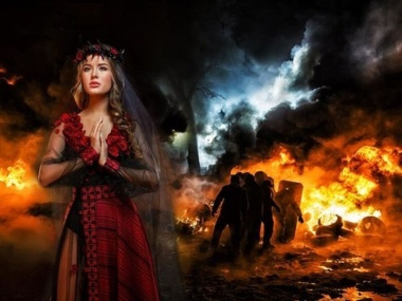 Национальный костюм для конкурса красоты состоит из черной фаты, тернового венка с маками и платья, дополненного плахтой