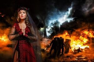 Национальный костюм для конкурса красоты состоит из черной фаты, тернового венка с маками и платья, дополненного плахтой