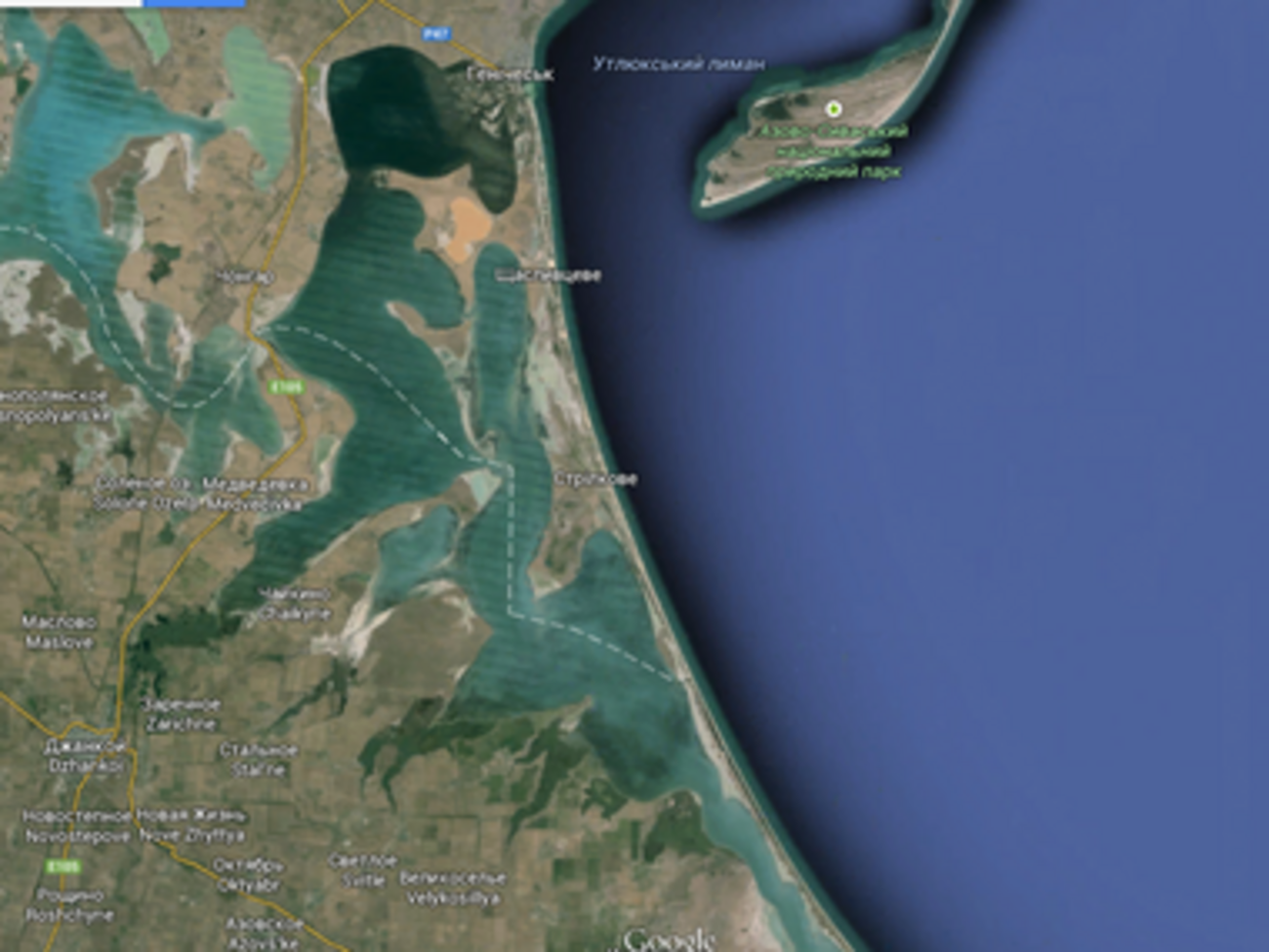 Поселок Стрелковое расположен на Арабатской стрелке в Геническом районе Херсонской области