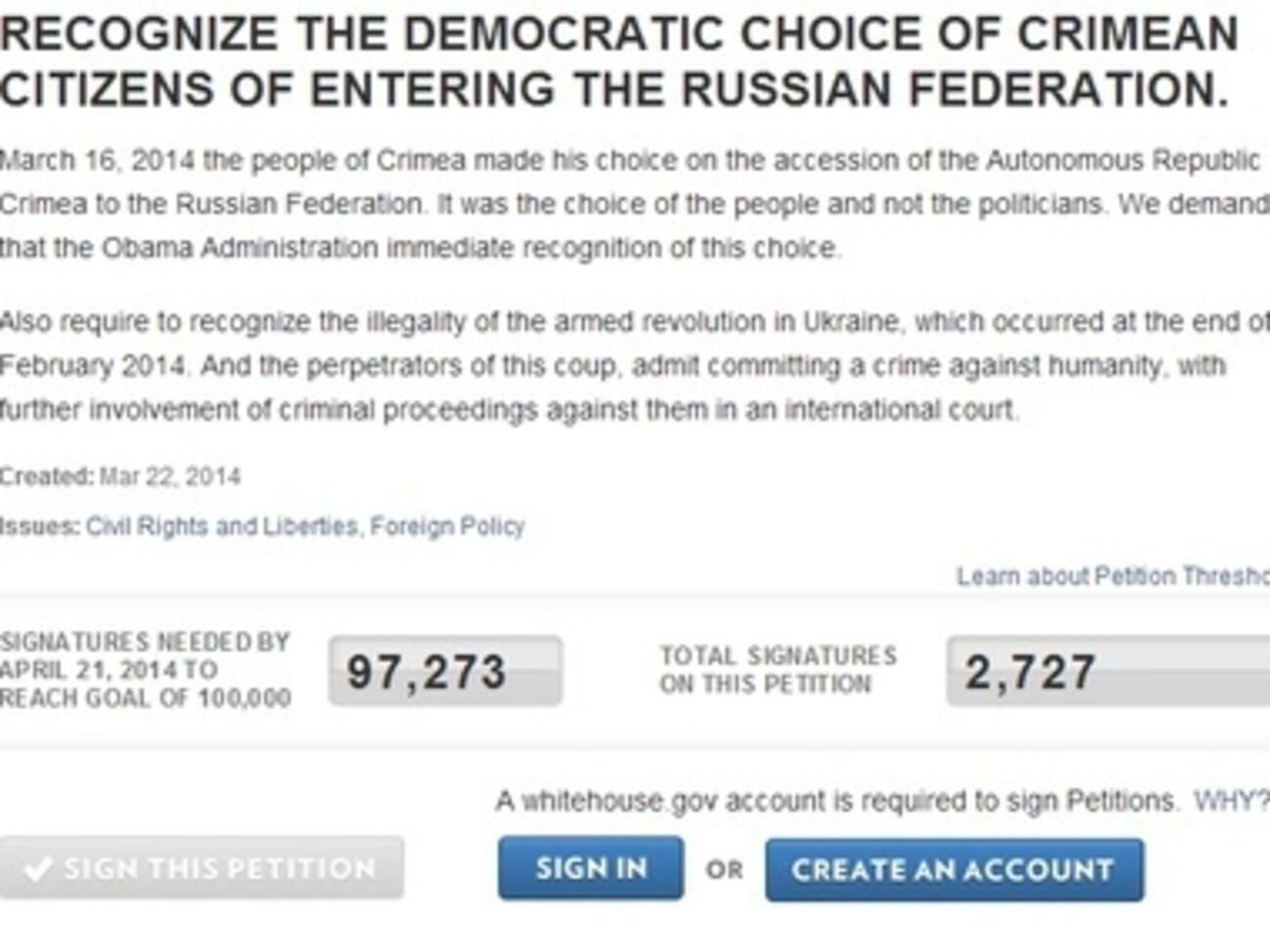 Размещенная на сайте Белого дома петиция