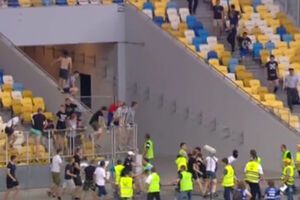 Датчан было не больше 25 человек, к ним через ограждение перепрыгивали фанаты "Днепра"