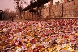 Горы конфет в Донецке выкинули прямо на улицу