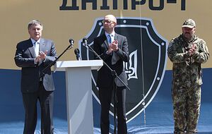 Глава МВД Арсен Аваков, премьер-министр Арсений Яценюк и народный депутат от "Народного фронта", координатор полка "Днепр-1" Юрий Береза