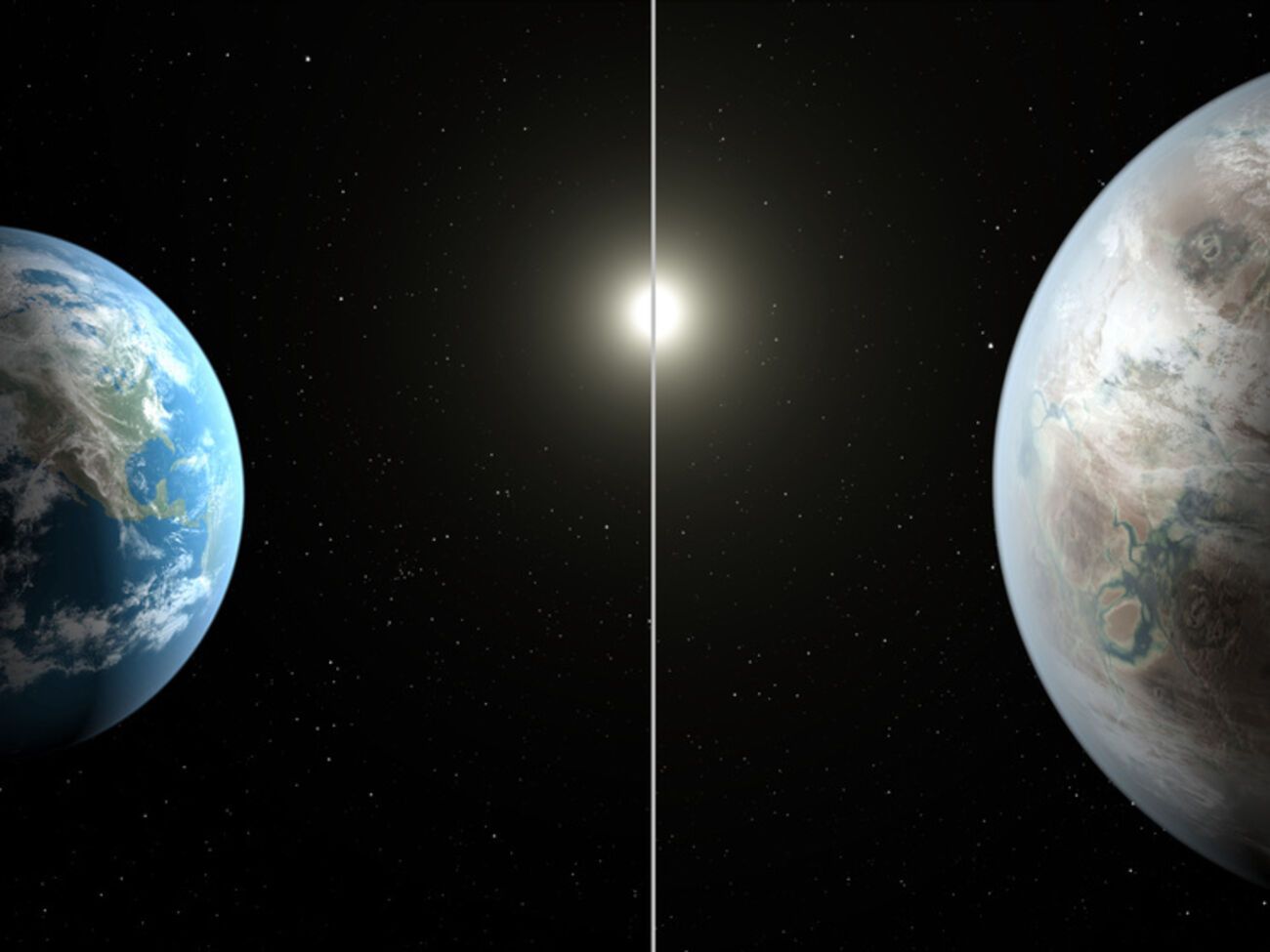 Сравнительное изображение Земли и планеты Kepler-452b в созвездии Лебедя