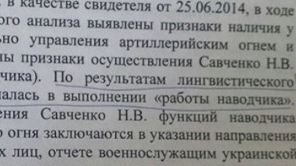 Отрывок из текста обвинения: По результатам лингвистического исследования Савченко Н.В. призналась в выполнении "работы наводчика"