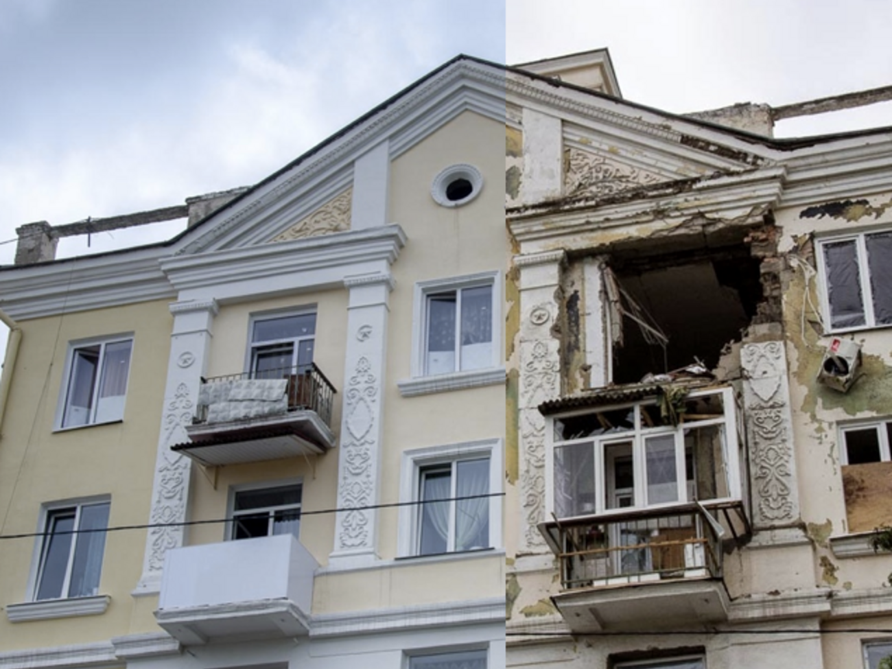 Дом на центральной площади Краматорска год назад и сейчас