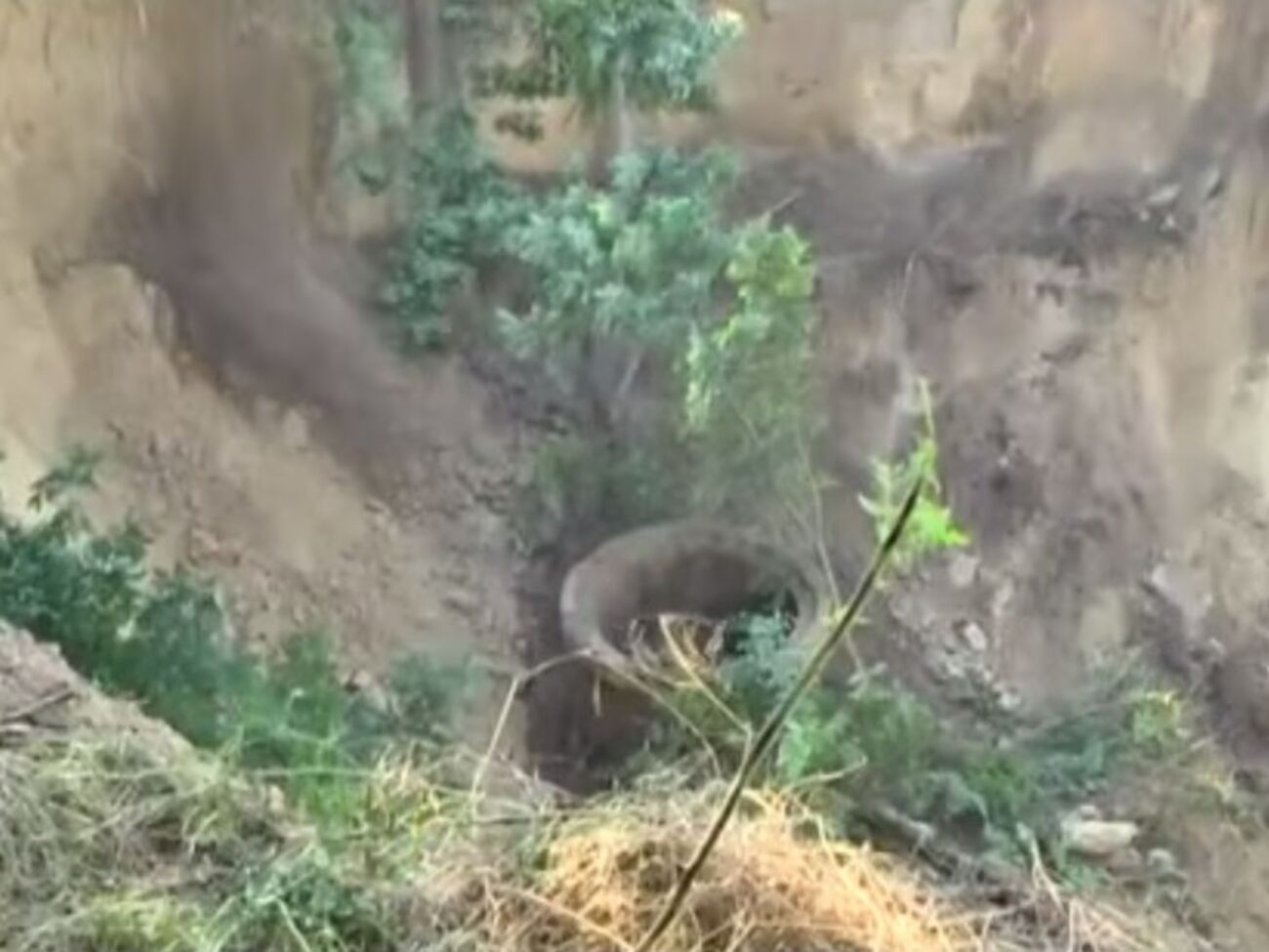 На месте разрыва коллектора образовался большой овраг