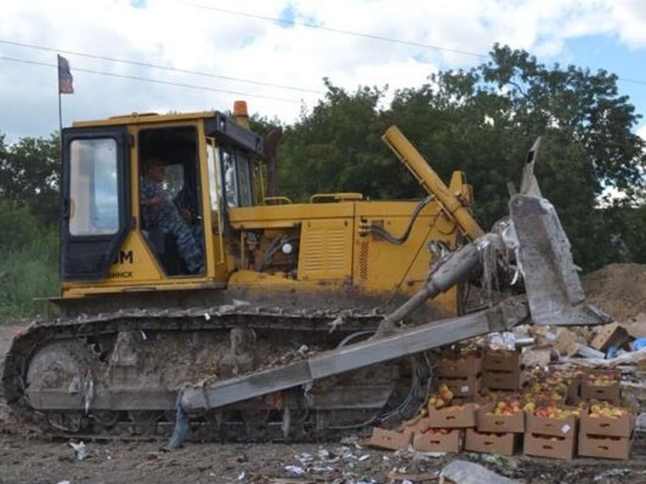 В Новосибирске трактором раздавили партию свежих "санкционных" яблок из Польши. Видео