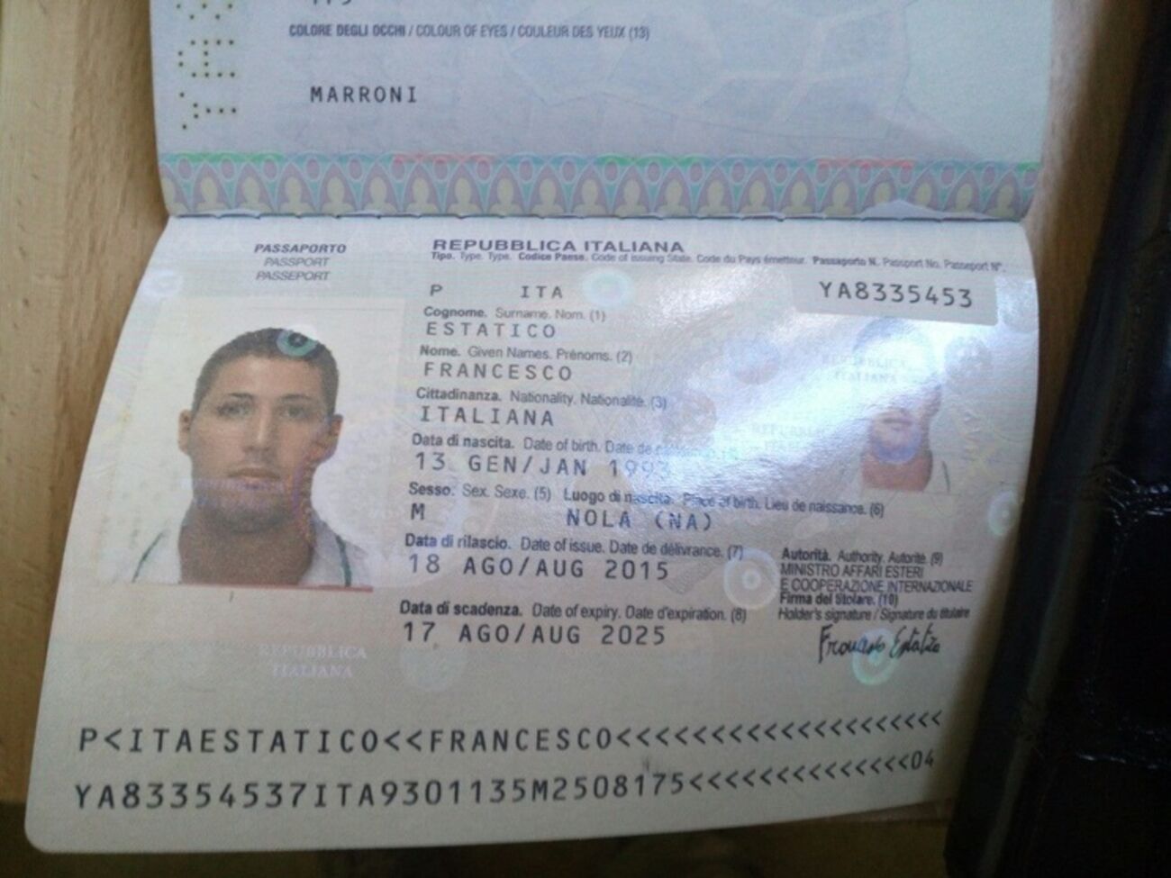 Паспорт задержанного итальянца