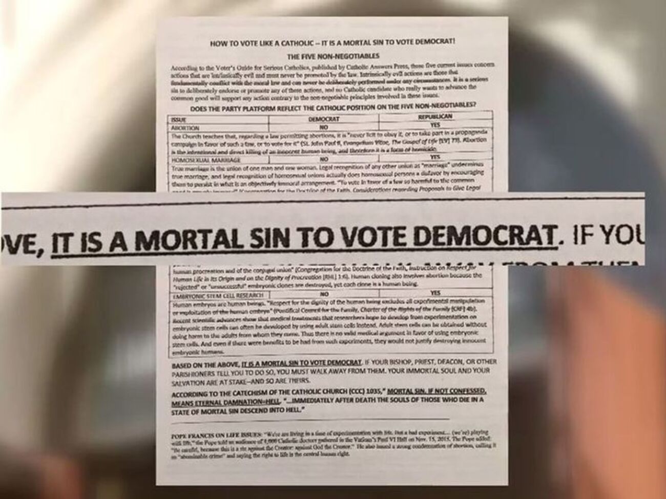 Отмечалось, что если кто-нибудь призывает голосовать за демократов, "вы должны уйти от них прочь, так как ваша бессмертная душа и спасение находятся в опасности"