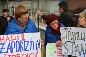 Запорожские активисты принесли с собой плакаты с надписями #FreeSavchenko, "Свободу Савченко", "Путину гореть в аду!", "Надежда, Запорожье с тобой!" и "Надежда, живи!"