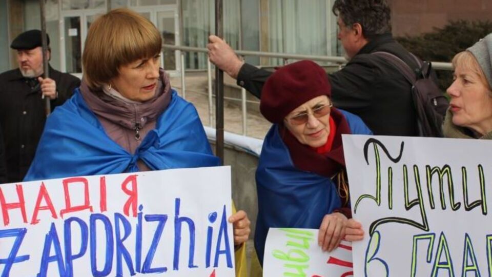 Запорожские активисты принесли с собой плакаты с надписями #FreeSavchenko, "Свободу Савченко", "Путину гореть в аду!", "Надежда, Запорожье с тобой!" и "Надежда, живи!"