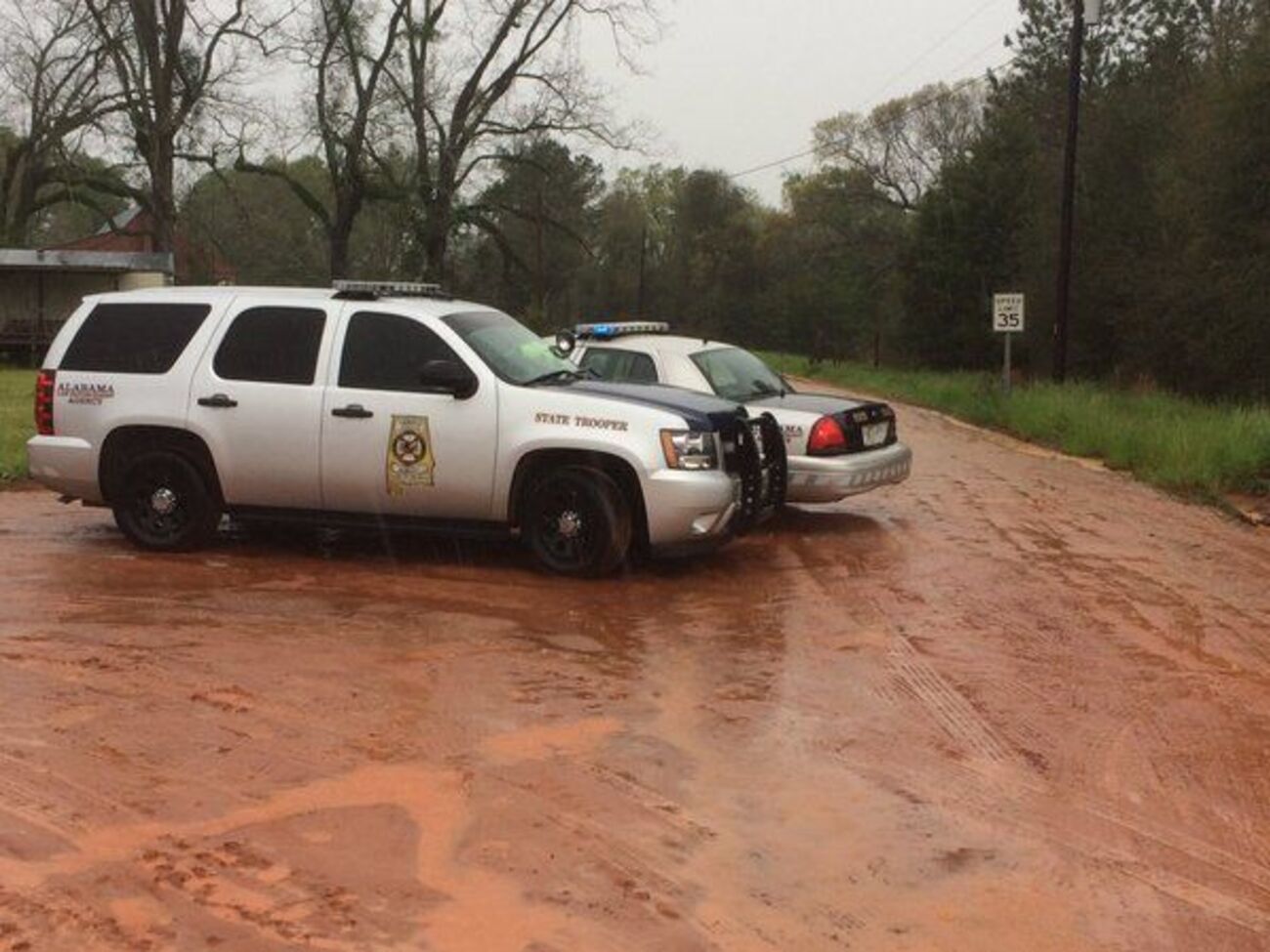 Полицейские машины у въезда в лес, где велись поиски обломков вертолета