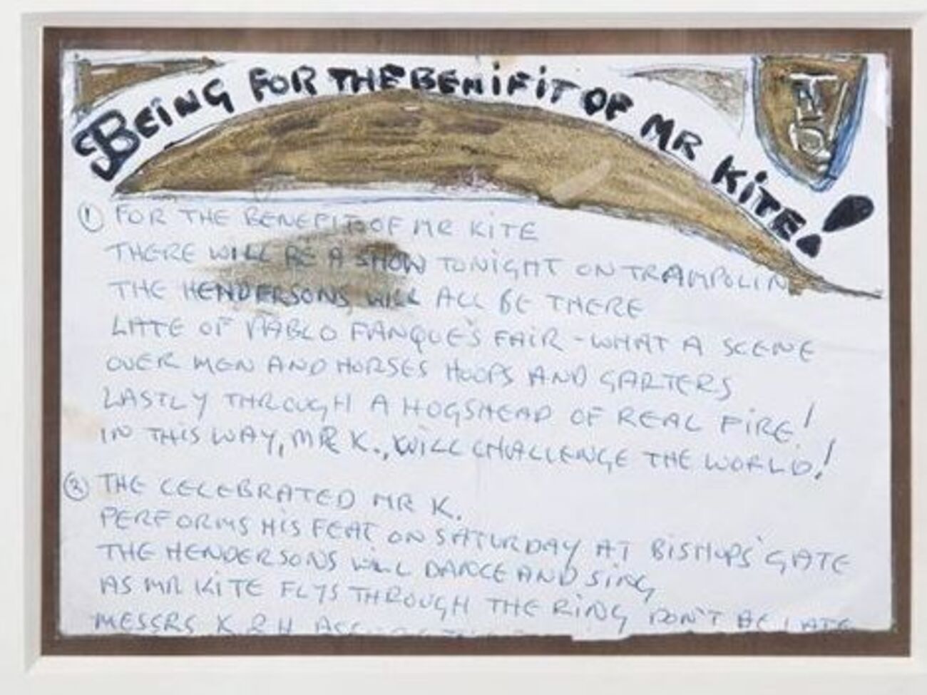 Лист бумаги, на котором Леннон написал текст и ноты к песне Being for the Benefit of Mr. Kite из альбома Sgt. Pepper's Lonely Heart's Club Band