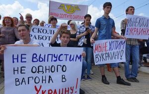 Протестующие держали плакаты "Мы не хотим в Украину" и "Украина, верни зарплату"
