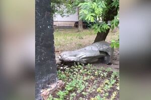 Неизвестные повалили памятник на землю при помощи веревки