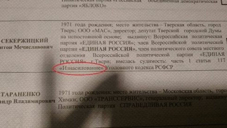 В избирательном бюллетене было указано, что кандидат имеет судимость