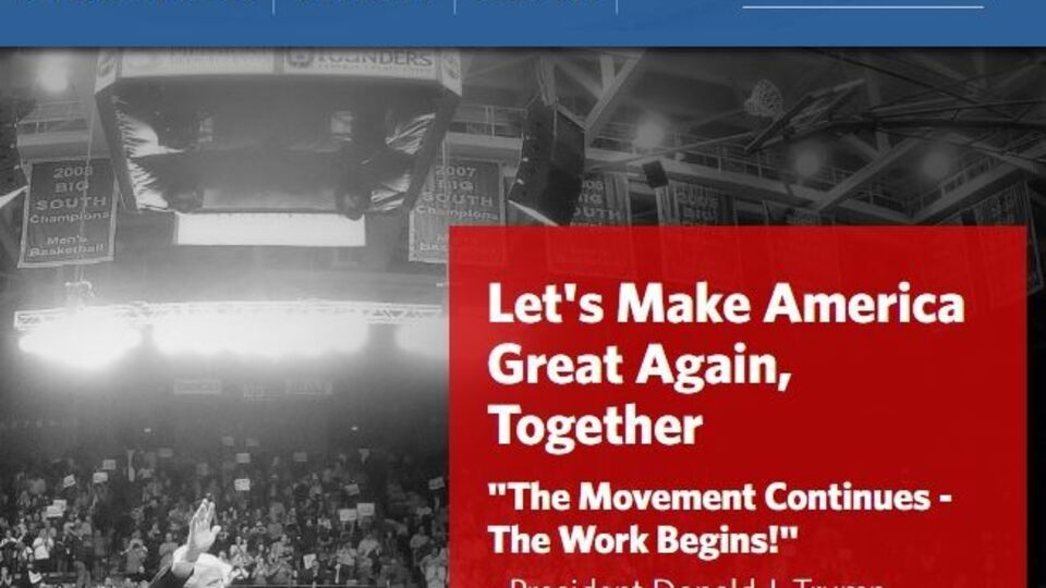 На главной странице расположена цитата Трампа с призывом: "Давайте сделаем Америку великой вместе. Движение продолжается – работа начинается!"