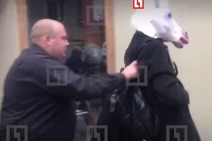 Чоловіка в масці єдинорога вивела охорона