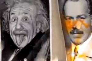 В качестве рекламы "здоровой пищи" у магазина Стерлигова забросали яйцами портреты ученых