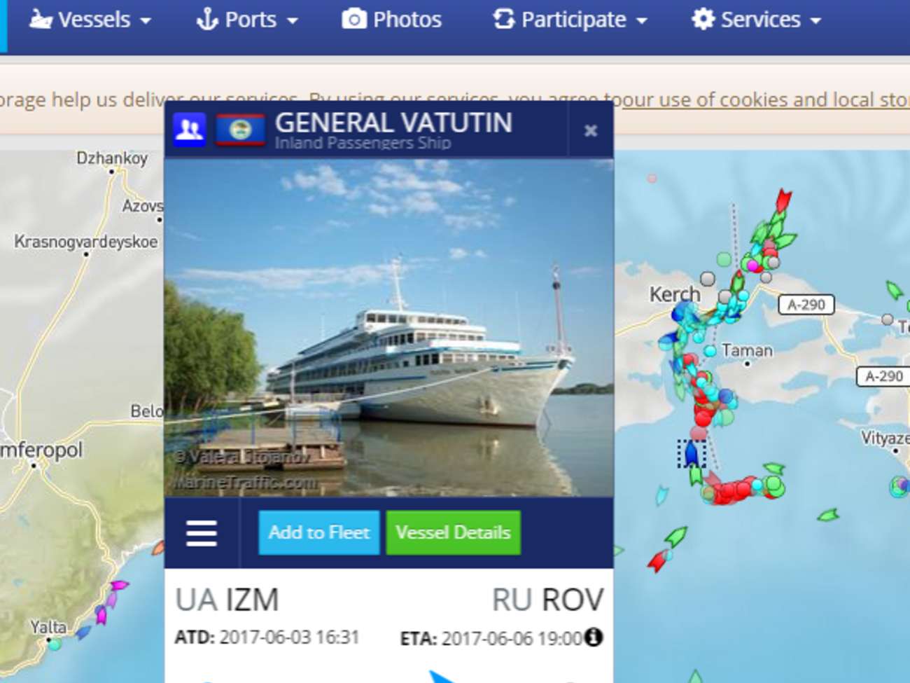 Згідно з картою відстеження суден Marine Traffic, наразі "Генерал Ватутін" у районі Керченського півострова