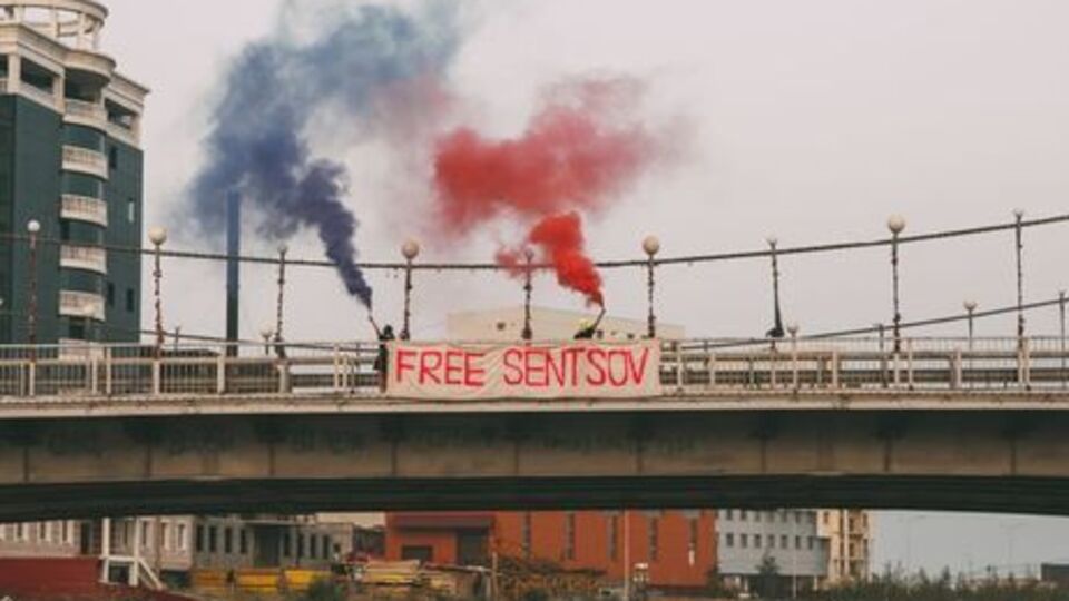 6 августа участники акции группы Pussy Riot вывесили растяжку с надписью Free Sentsov в 7,5 км от исправительной колонии, где содержится украинец