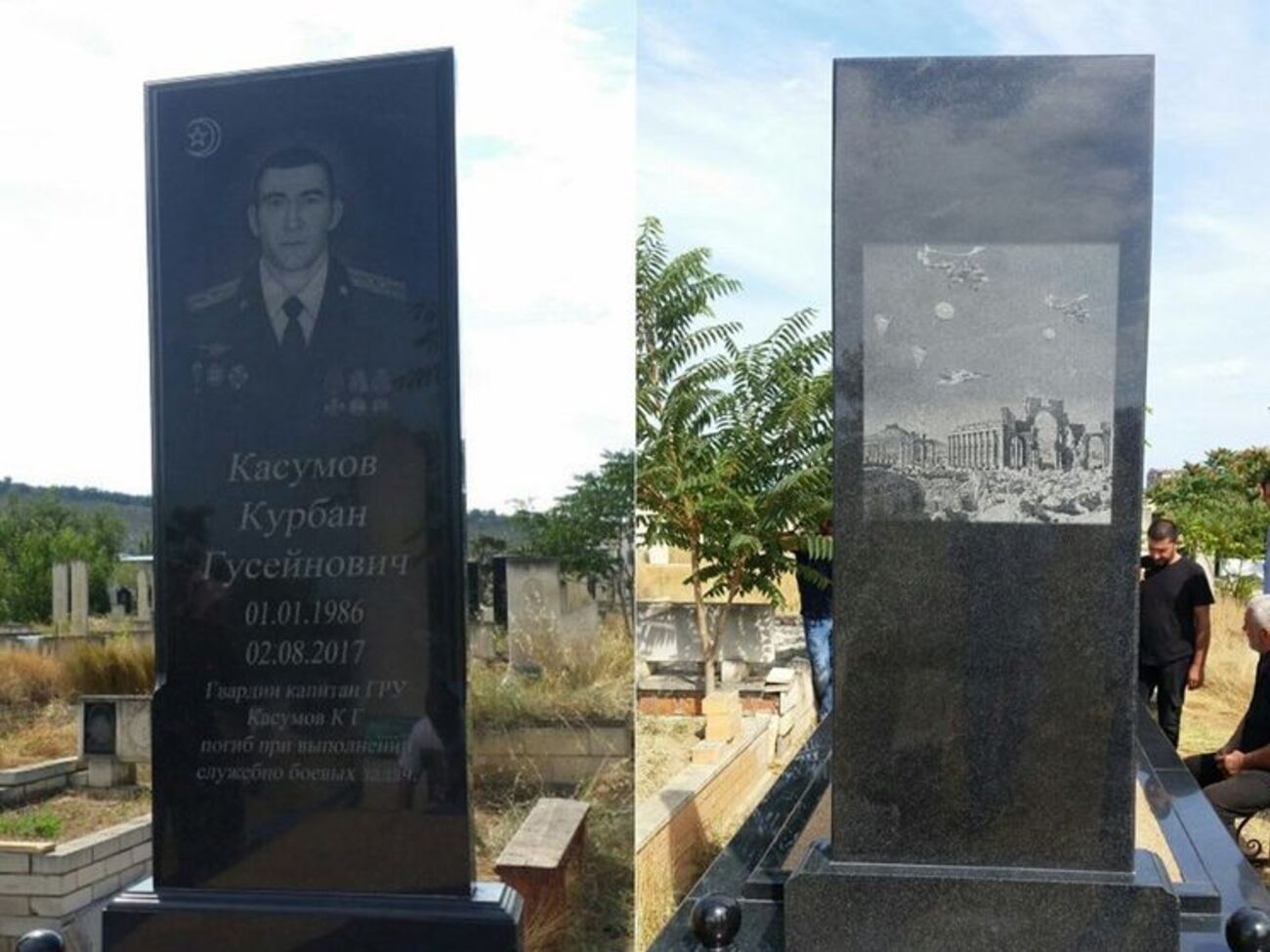 На обратной стороне памятника на могиле Касумова изображена сирийская Пальмира