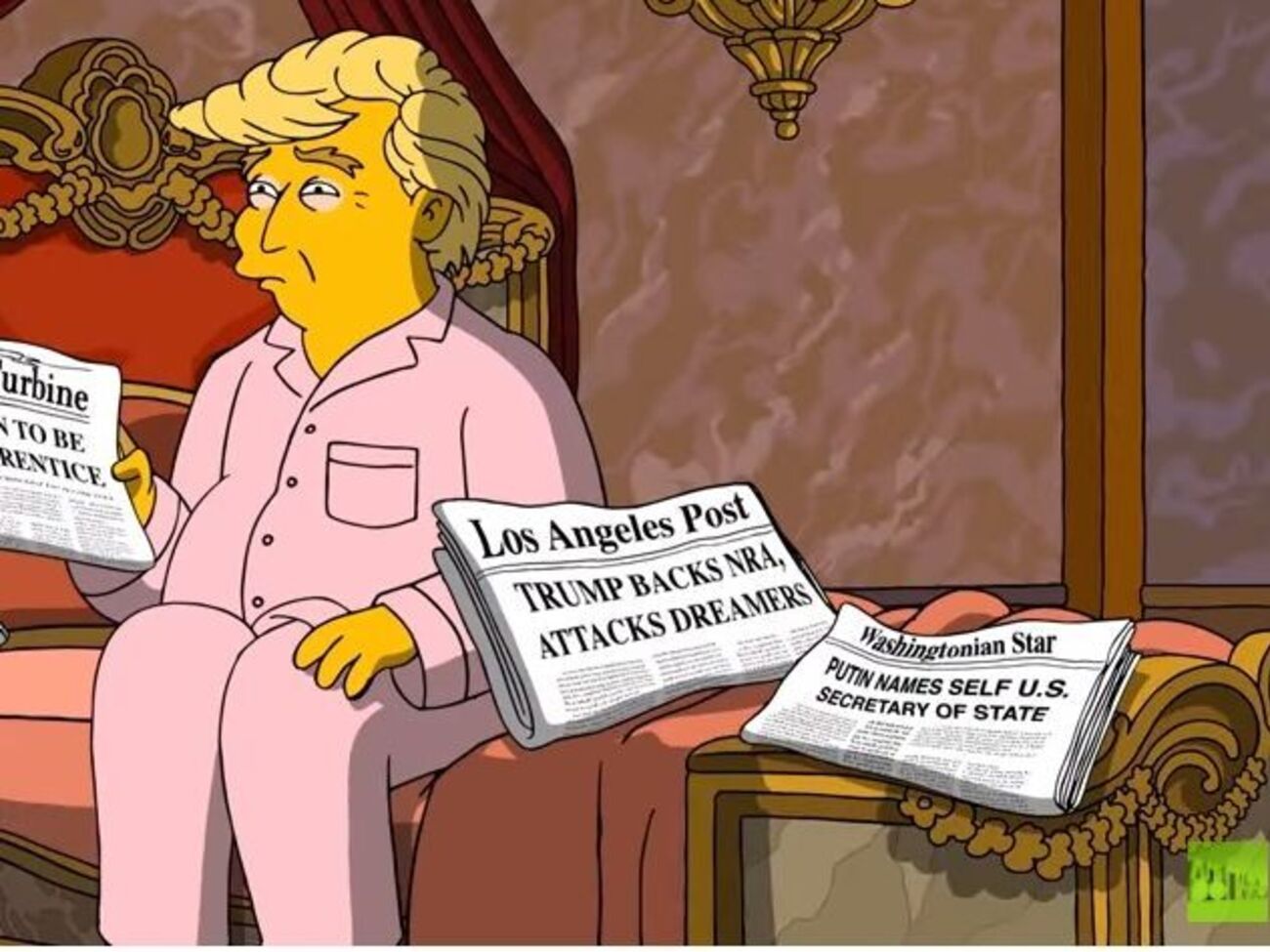 У заголовку однієї з газет на ліжку Трампа написано, що Путін "проголосив себе держсекретарем США"