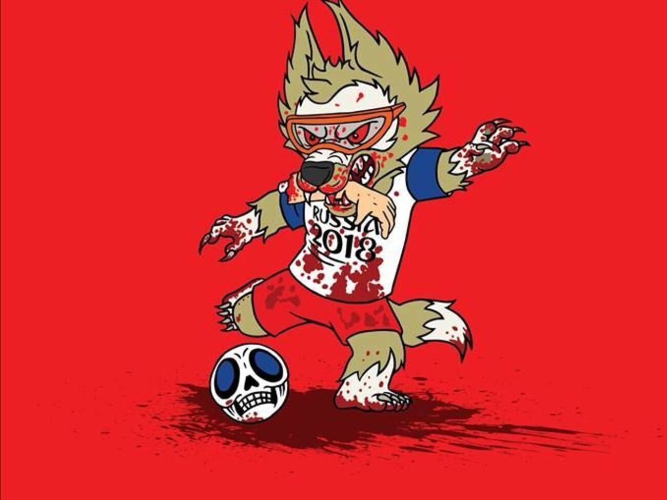 На одном из рисунков Ермоленко изображен окровавленный талисман чемпионата волк Забивака