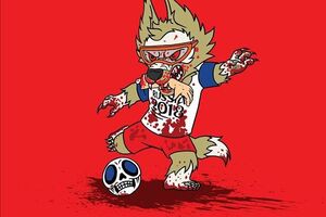 На одному з малюнків Єрмоленка зображено закривавлений талісман чемпіонату – вовка Забиваку