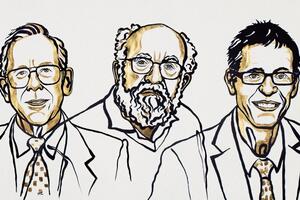 Лауреатами премии стали Джеймс Пиблс (слева), Мишель Майор (посередине) и Дидье Кело (справа)