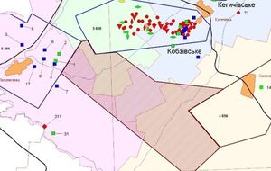 Карта расположения нефтегазовых скважин и лицензионных участков на территории, прилегающей к Юго-Кобзевской площади
