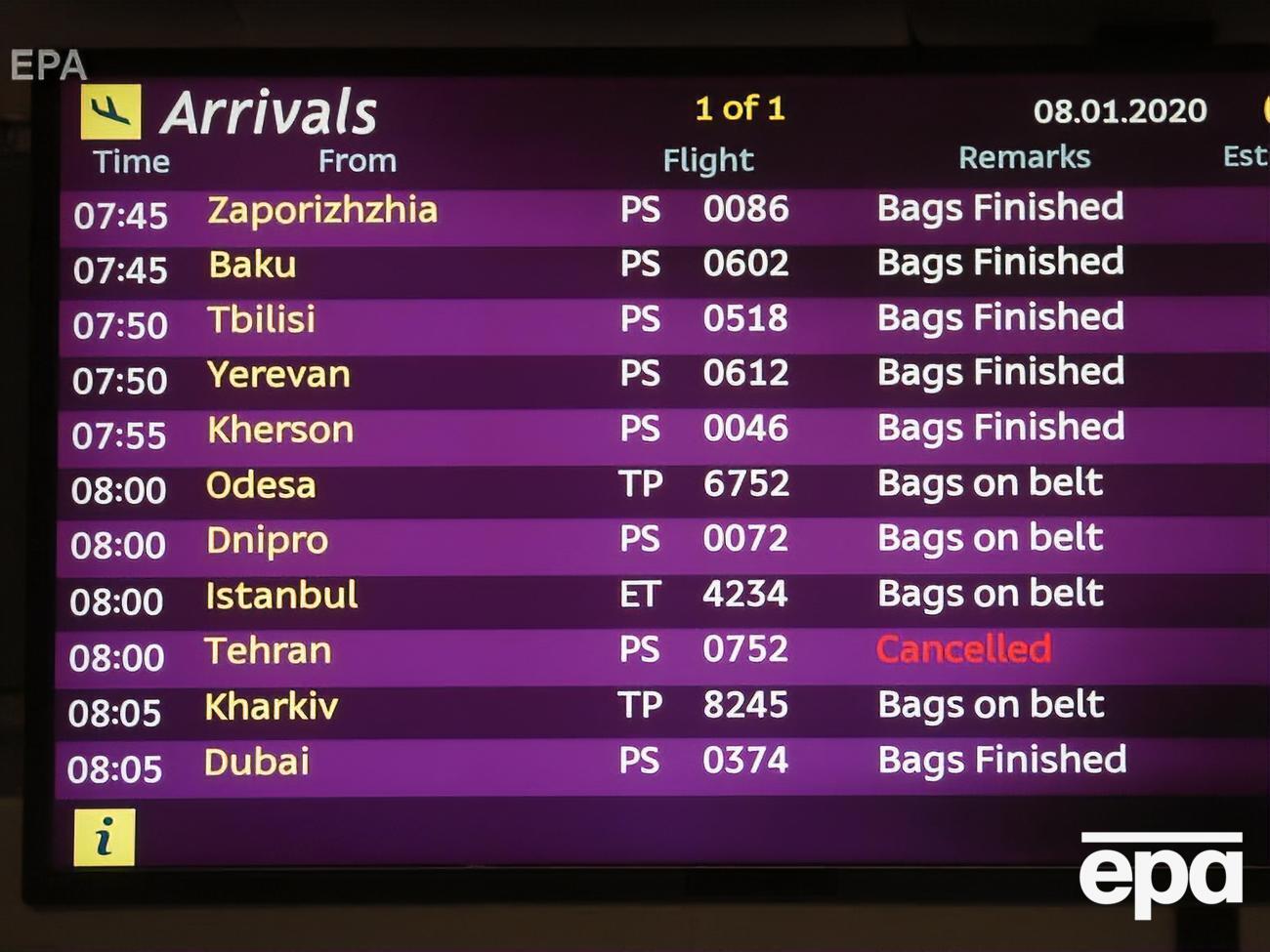 Надпись на табло аэропорта Борисполь гласит, что утренний рейс из Тегерана отменен