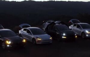 На відео чотири моделі Tesla – S, 3, X та Y – стоять у ряд і мигають фарами під "Щедрика" українського композитора Миколи Леонтовича