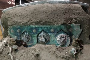 Задню частину колісниці прикрашають медальйони зі сценами за участю сатирів і німф, пов'язаних із богом кохання Еросом