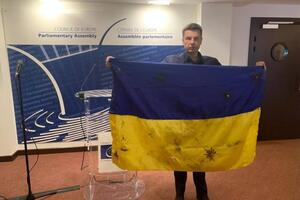 20 апреля Гончаренко принес на сессию ПАСЕ простреленный флаг Украины
