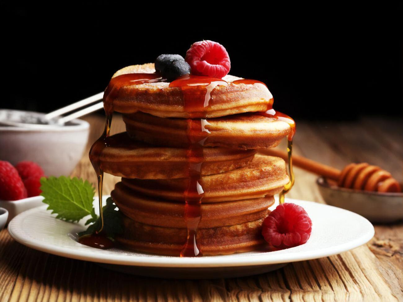 Готовые оладьи нужно полить медом или сиропом