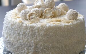 Готовый торт посыпаем кокосовой стружкой и отправляем в холодильник