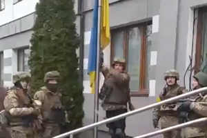 A Ukrainian flag was raised near the city council in Bucha