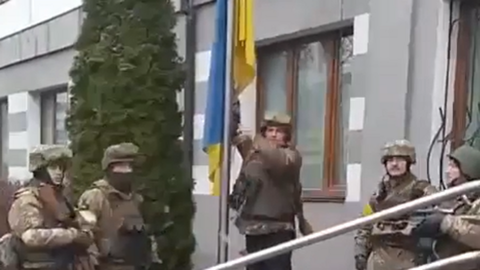 A Ukrainian flag was raised near the city council in Bucha