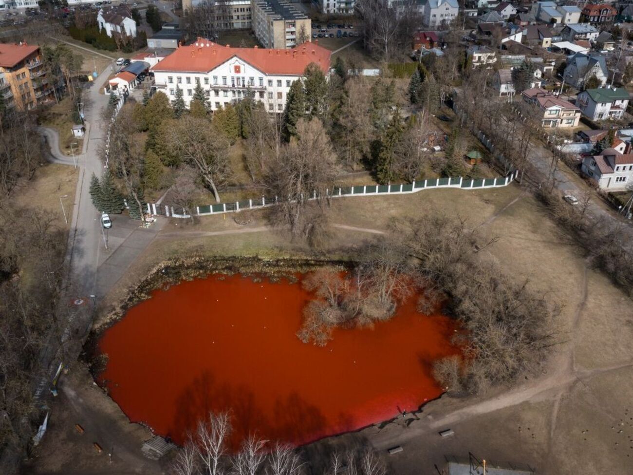 Акция прошла напротив посольства России&nbsp;&ndash;&nbsp;на берегу пруда, где ранее воду окрасили в красный цвет в знак протеста против военных преступлений РФ