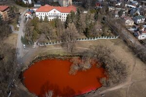 Акція відбулася навпроти посольства Росії – на березі ставка, де раніше воду пофарбували у червоний колір на знак протесту проти воєнних злочинів РФ