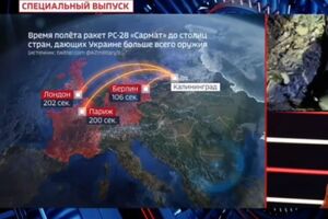 В эфире показали картинку с подписью "Время полета ракет РС-28 "Сармат" до столиц стран, дающих Украине больше всего оружия"
