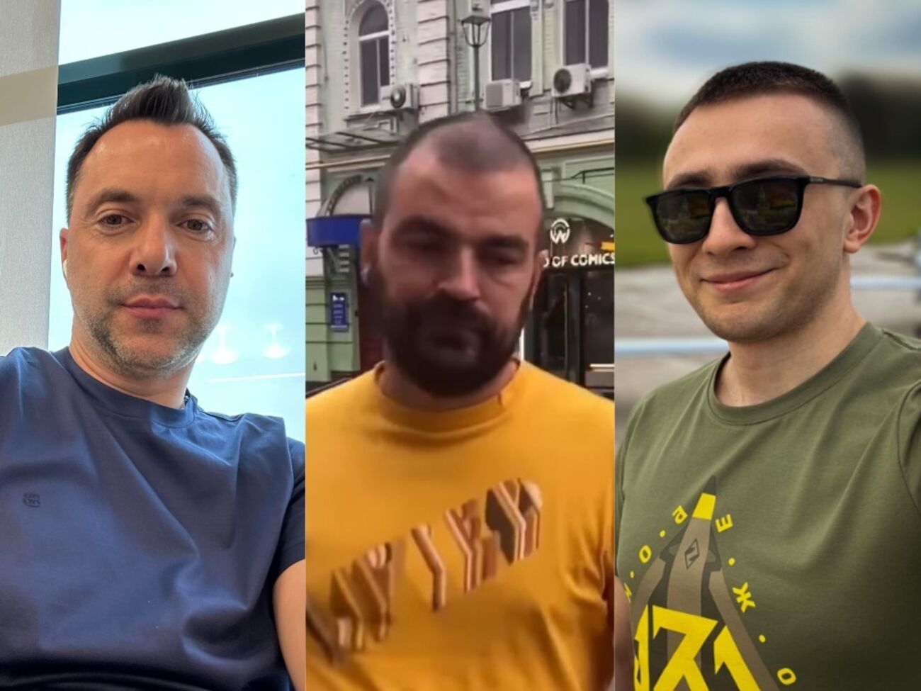 Арестович (зліва) і Стерненко (справа) влаштували суперечку через скандального водія таксі (по центру)